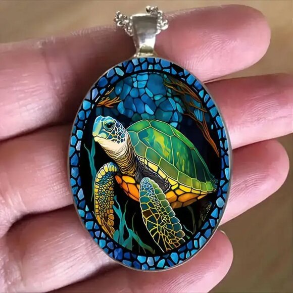 Silver Oval Shaped SEA TURTLE Pendant Necklace - Picture 1 of 3